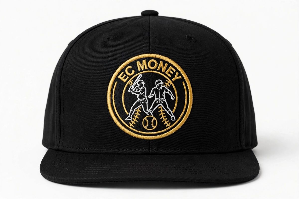 Black snapback cap with the gold EC Money badge