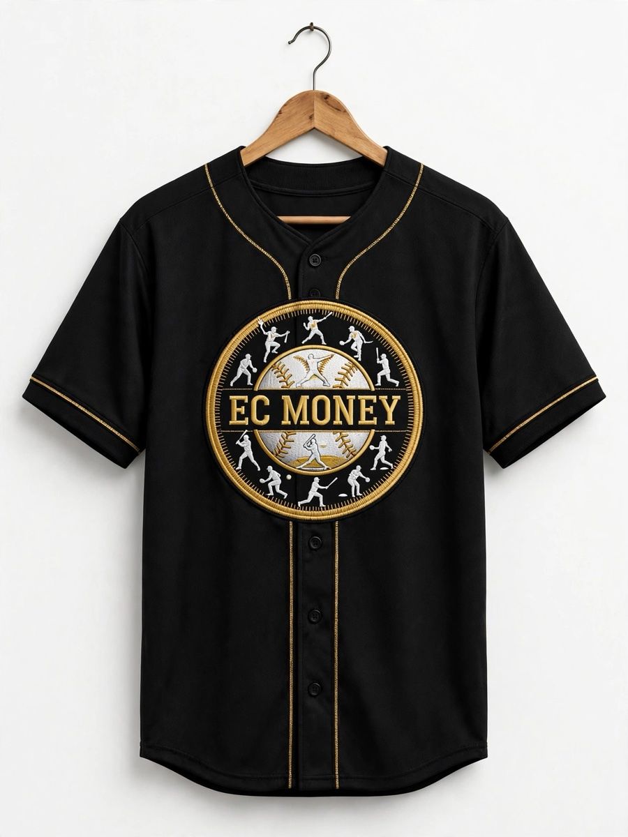 Black baseball jersey with gold piping and the EC Money patch